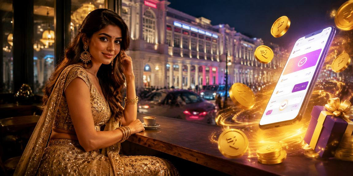 Player interacting with Teen Patti game on mobile phone in Delhi city setting