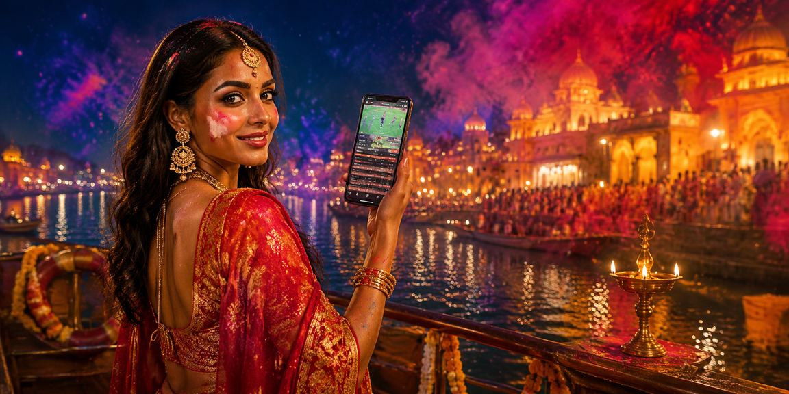 Indian woman using mobile betting app during cricket match