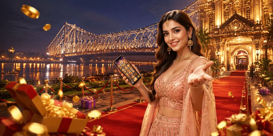 Player engaging in Indian Rummy game on smartphone with scenic Kolkata backdrop