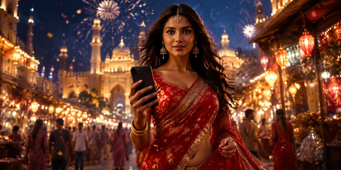 Lucknow old city and mobile casino user in traditional attire
